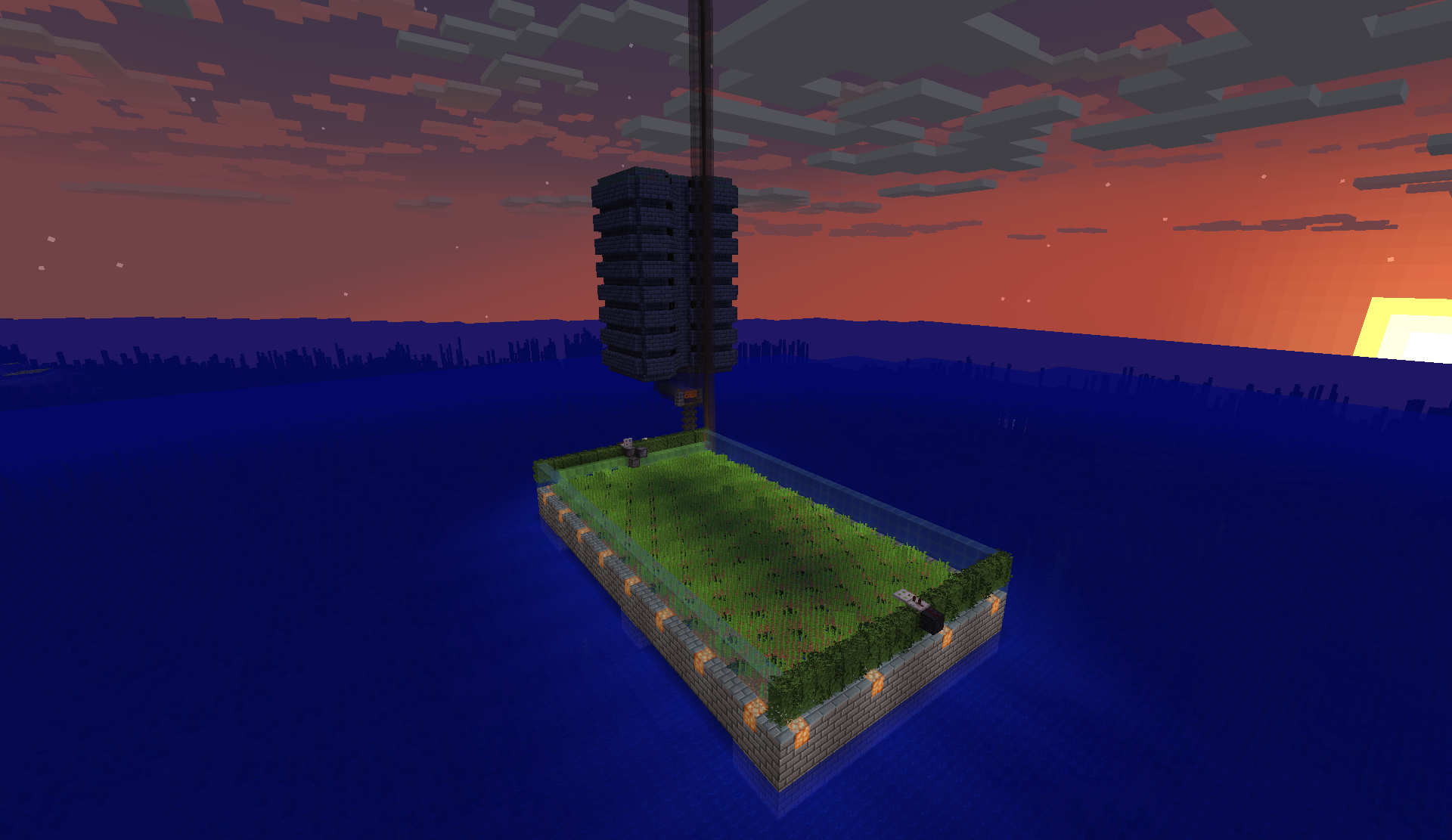 Ocean farm island at sunset with a hanging stone tower above a lantern-lit grass platform