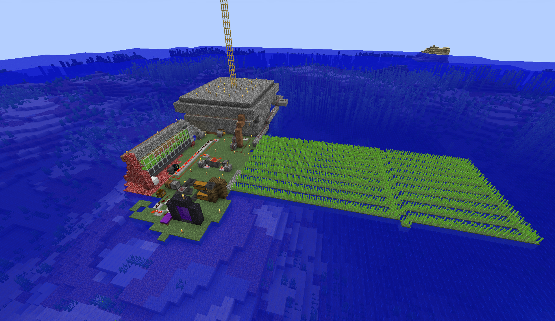 Ocean industrial farm with crop fields, a nether portal, and a large stone farm building