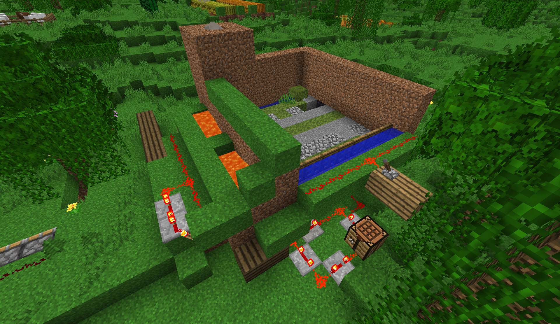 Forest cobblestone farm with lava, water channels, and redstone wiring