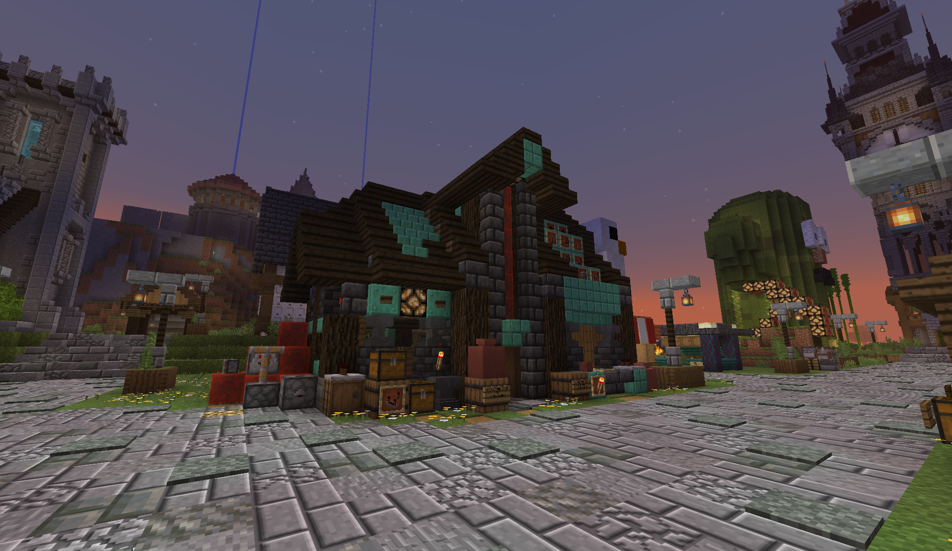 Rustic redstone shop at dusk with teal copper accents