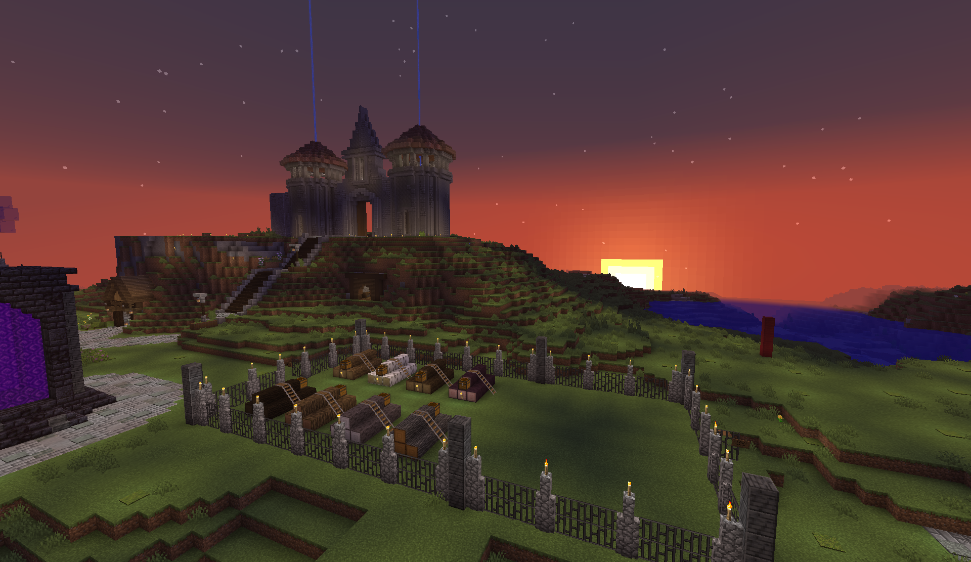 Outdoor wood log market at sunset with the castle on the hill beyond