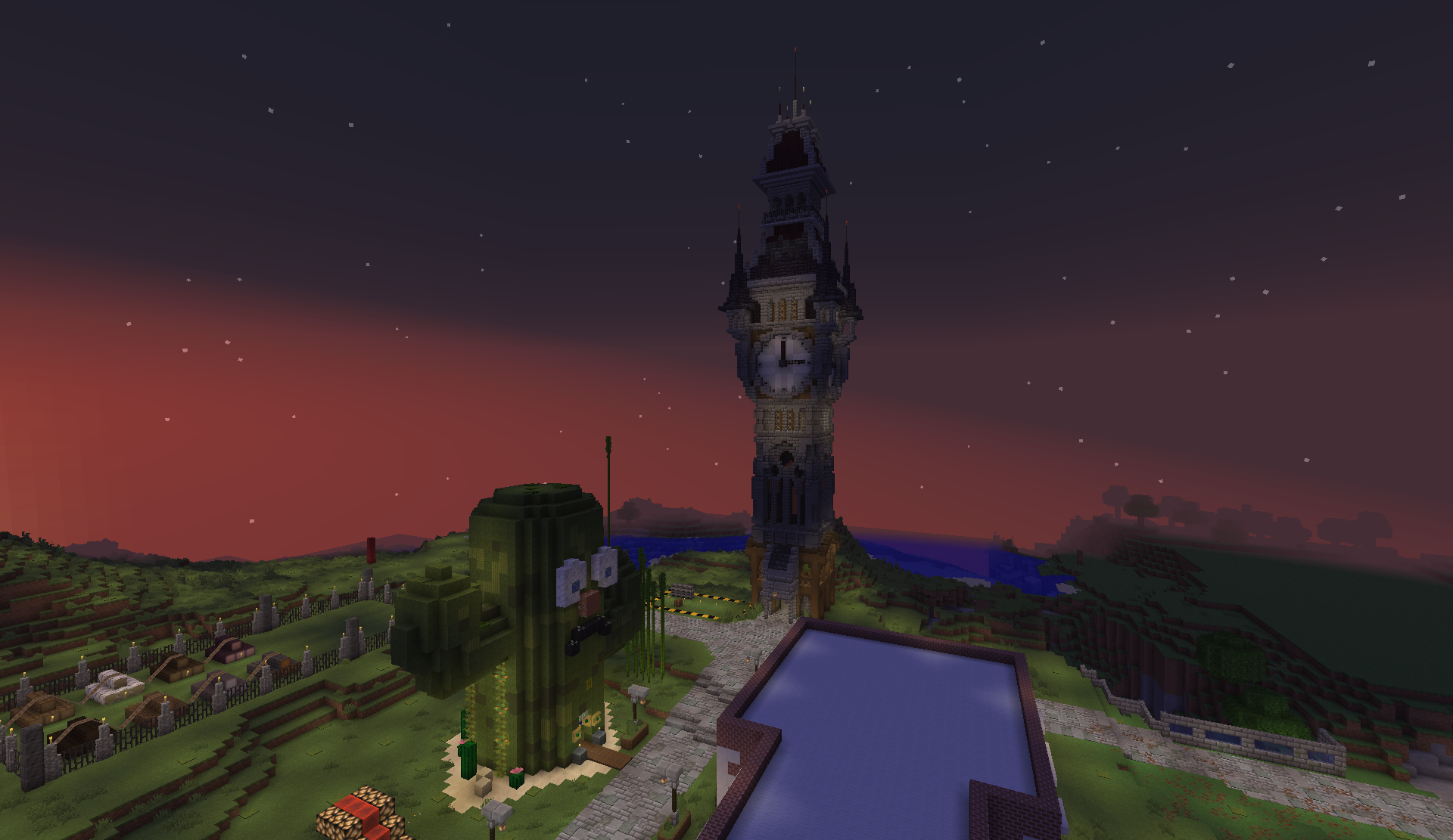 Dusk view of the shopping district featuring the clock tower and pickle shop
