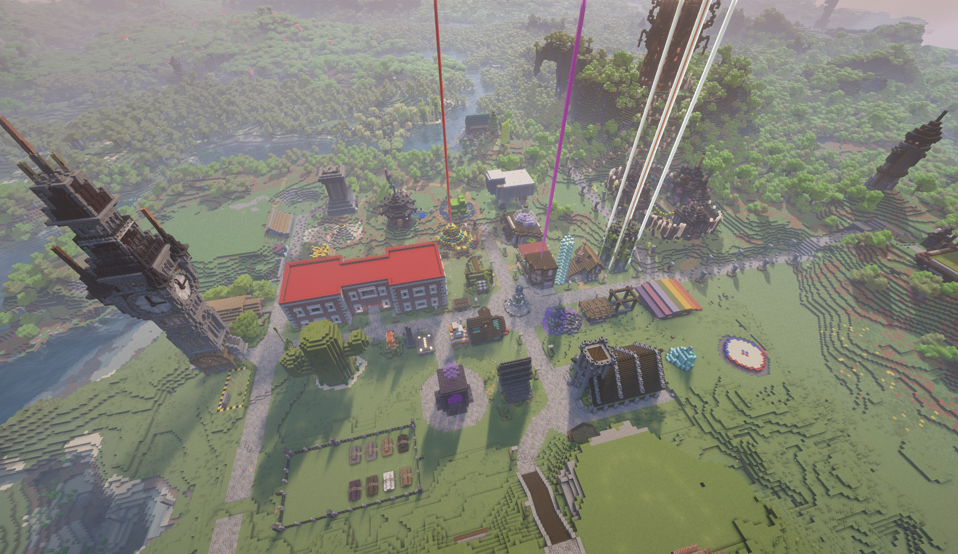 Daytime aerial view of the shopping district with the clock tower, post office, and colorful shops