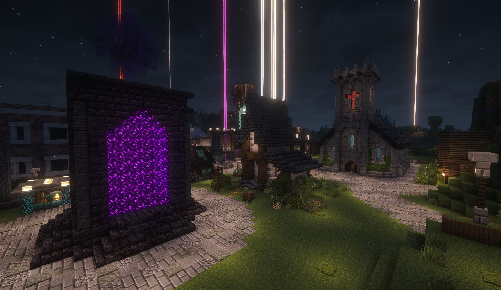 Nether portal and stone church with a red cross at night in the shopping district