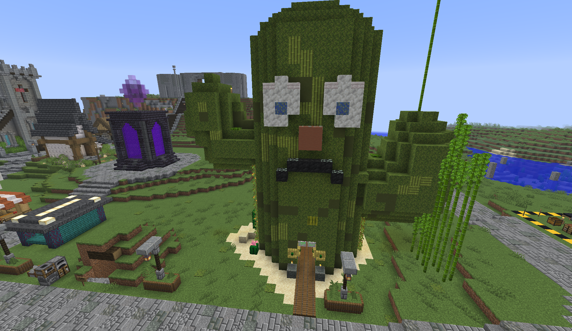 Giant cactus-shaped shop beside a nether portal in the shopping district