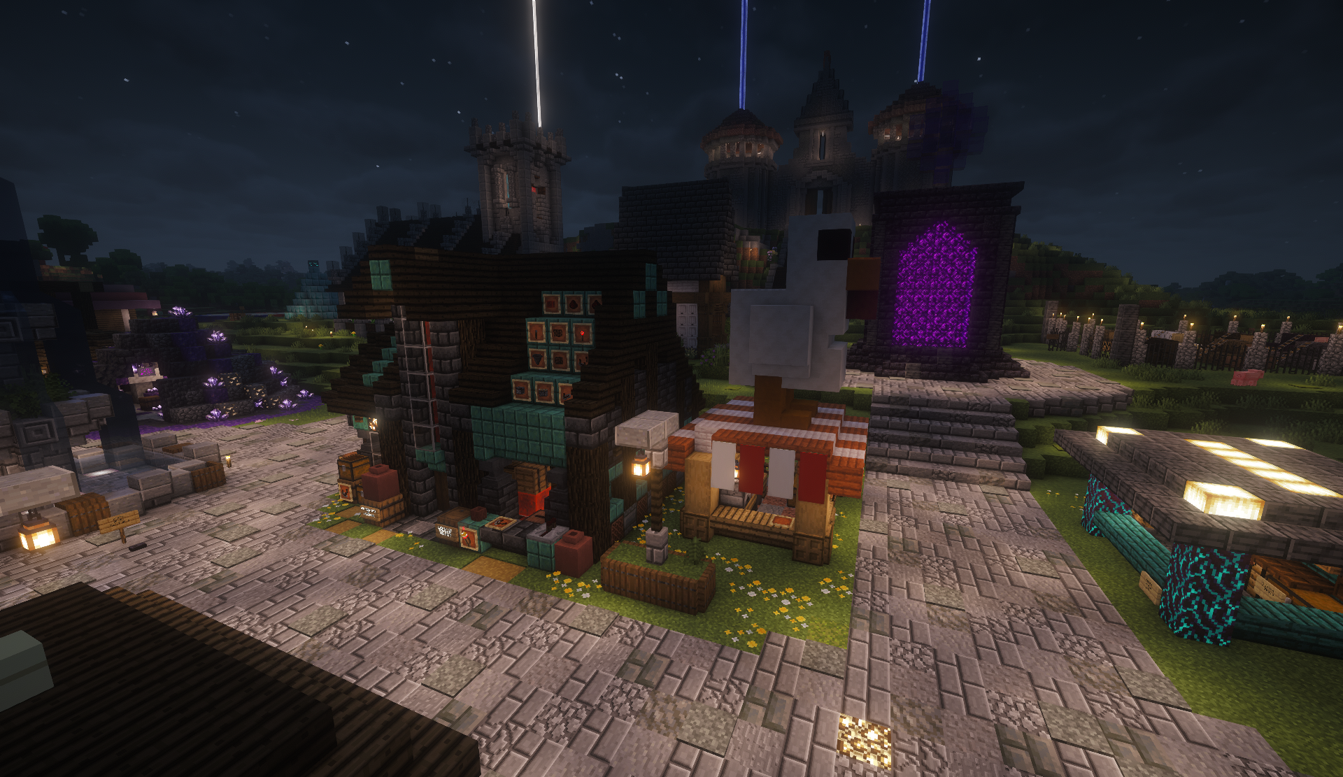 Timber shop and giant chicken stall beside the nether portal at night