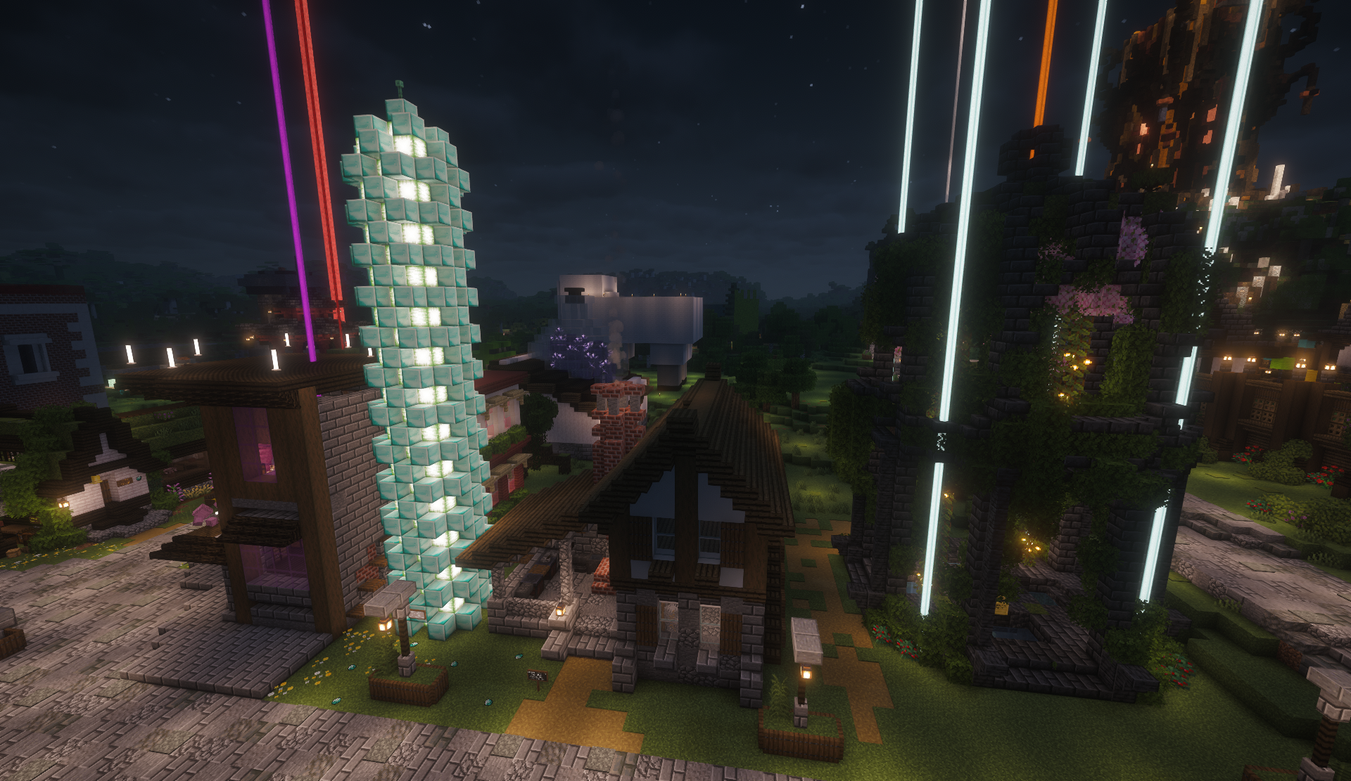 Glowing prismarine spiral tower and timber house in the shopping district at night