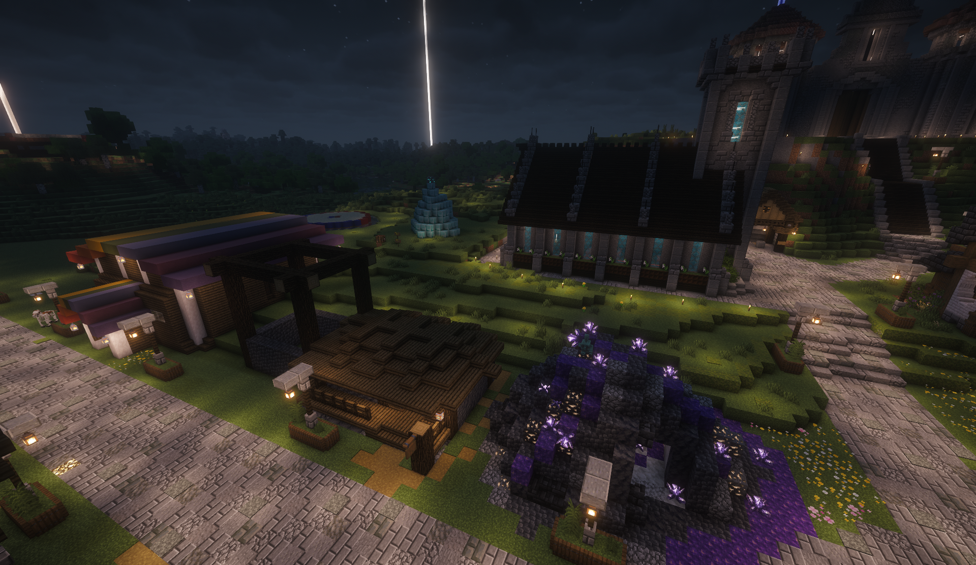 Rainbow tent market, church, and amethyst garden in the shopping district at night
