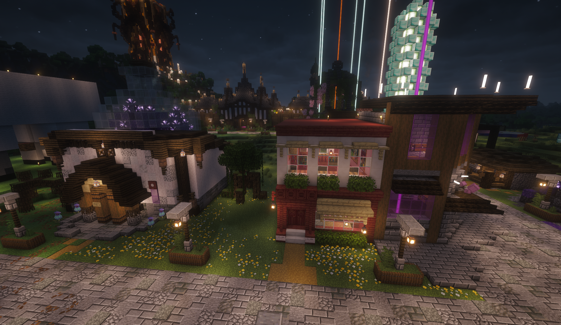 Row of player shops including a white cottage and red storefront at night