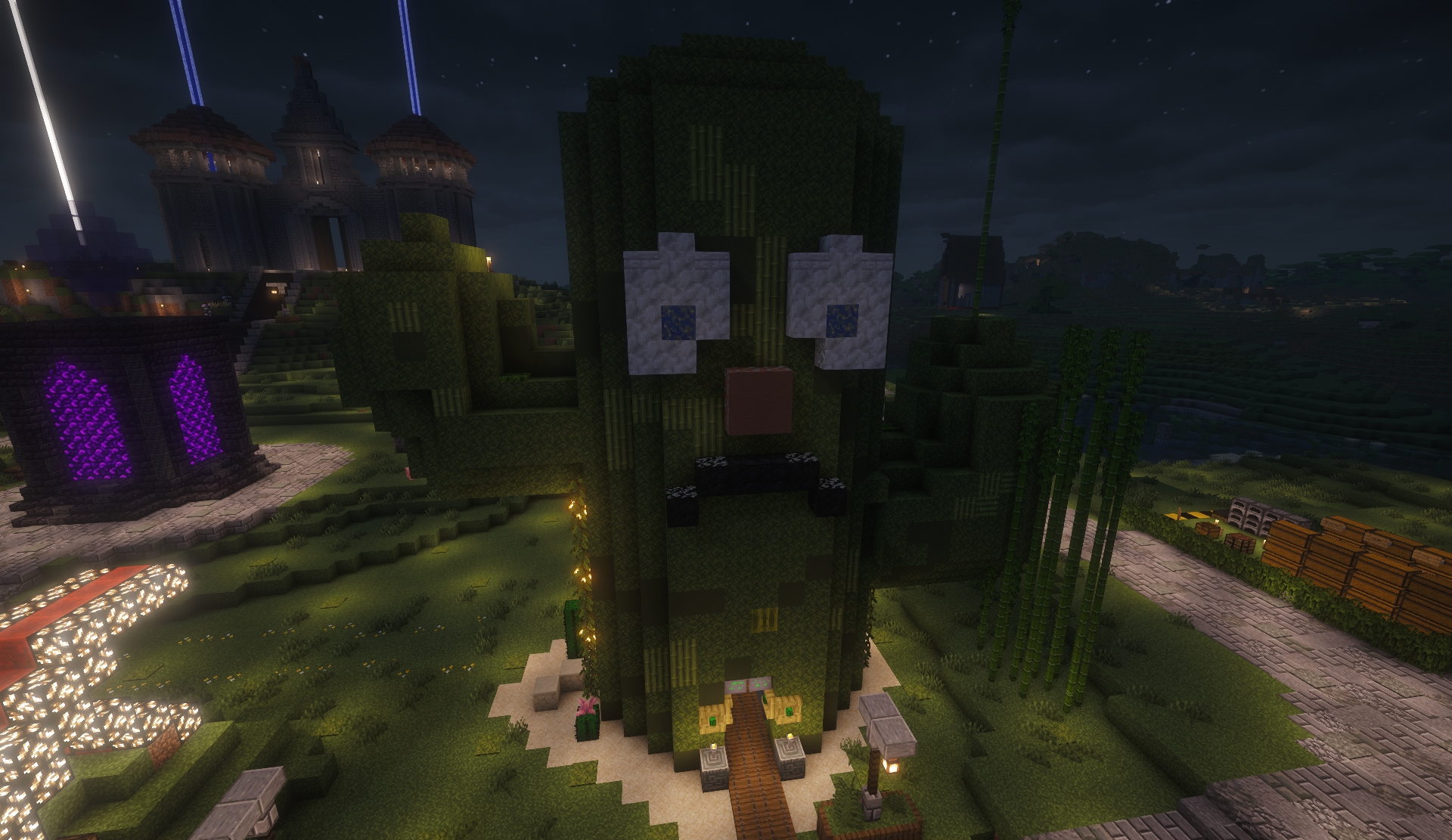 Giant cactus shop with a surprised face in the shopping district at night