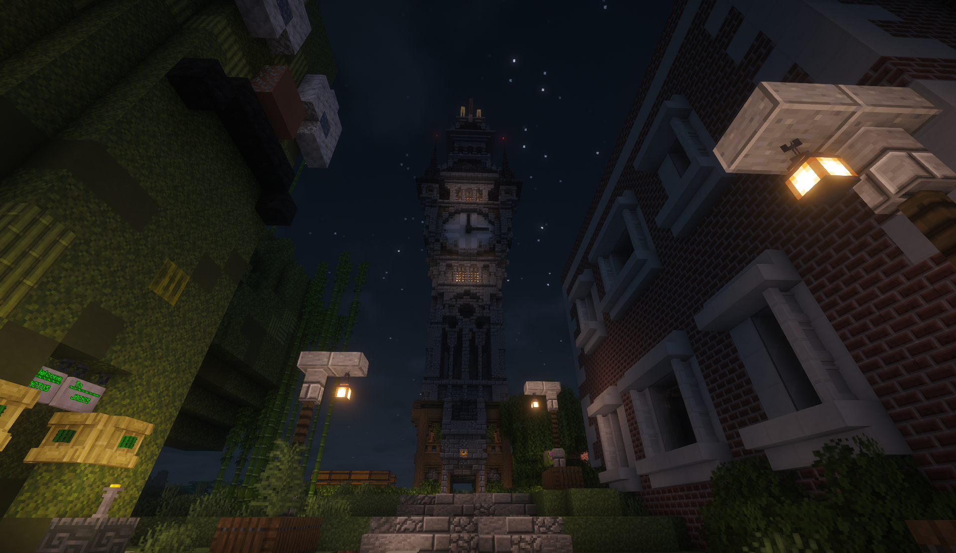 Looking up at the shopping district clock tower at night