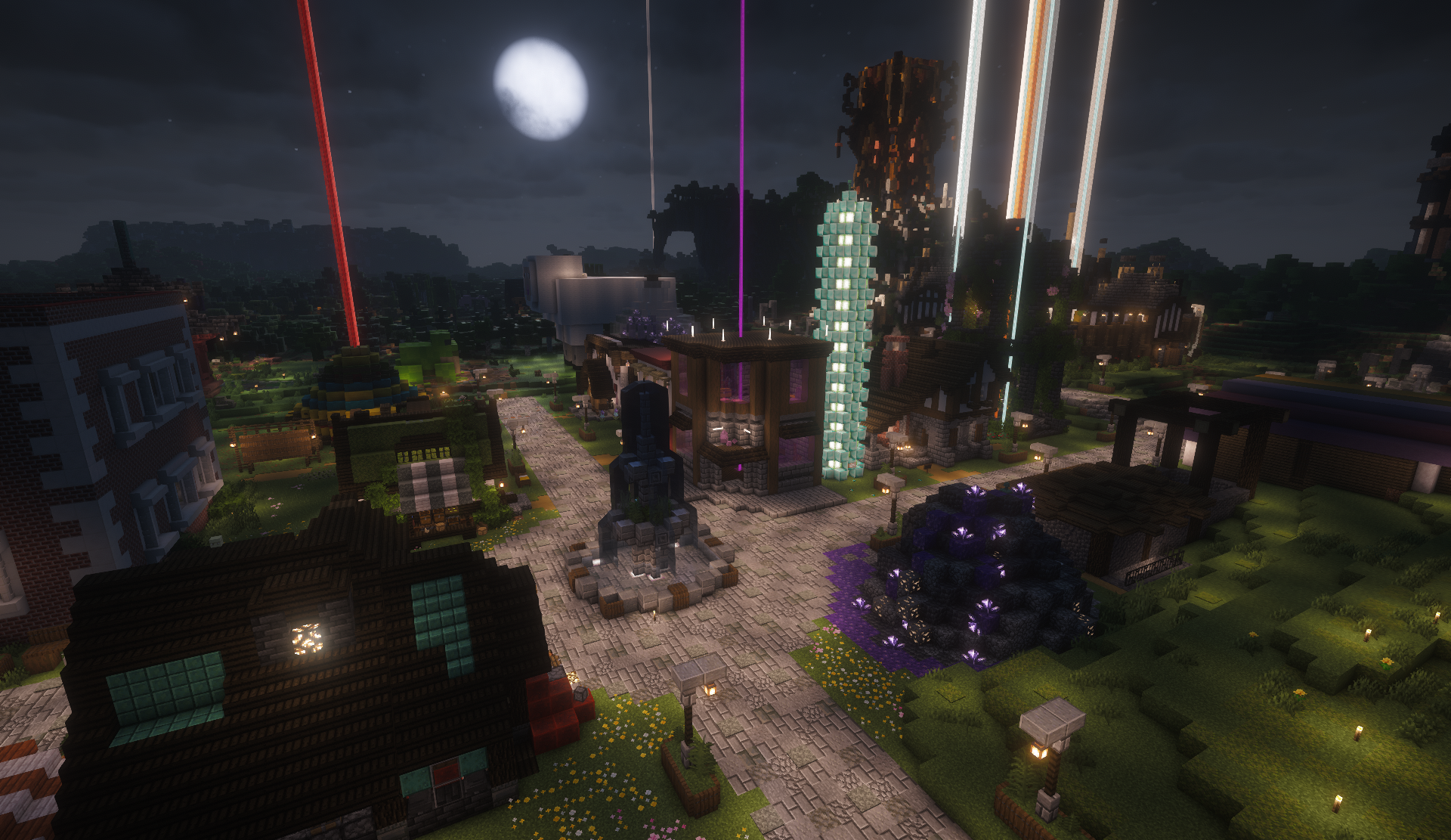 Night overview of the shopping district under a full moon with beacon beams