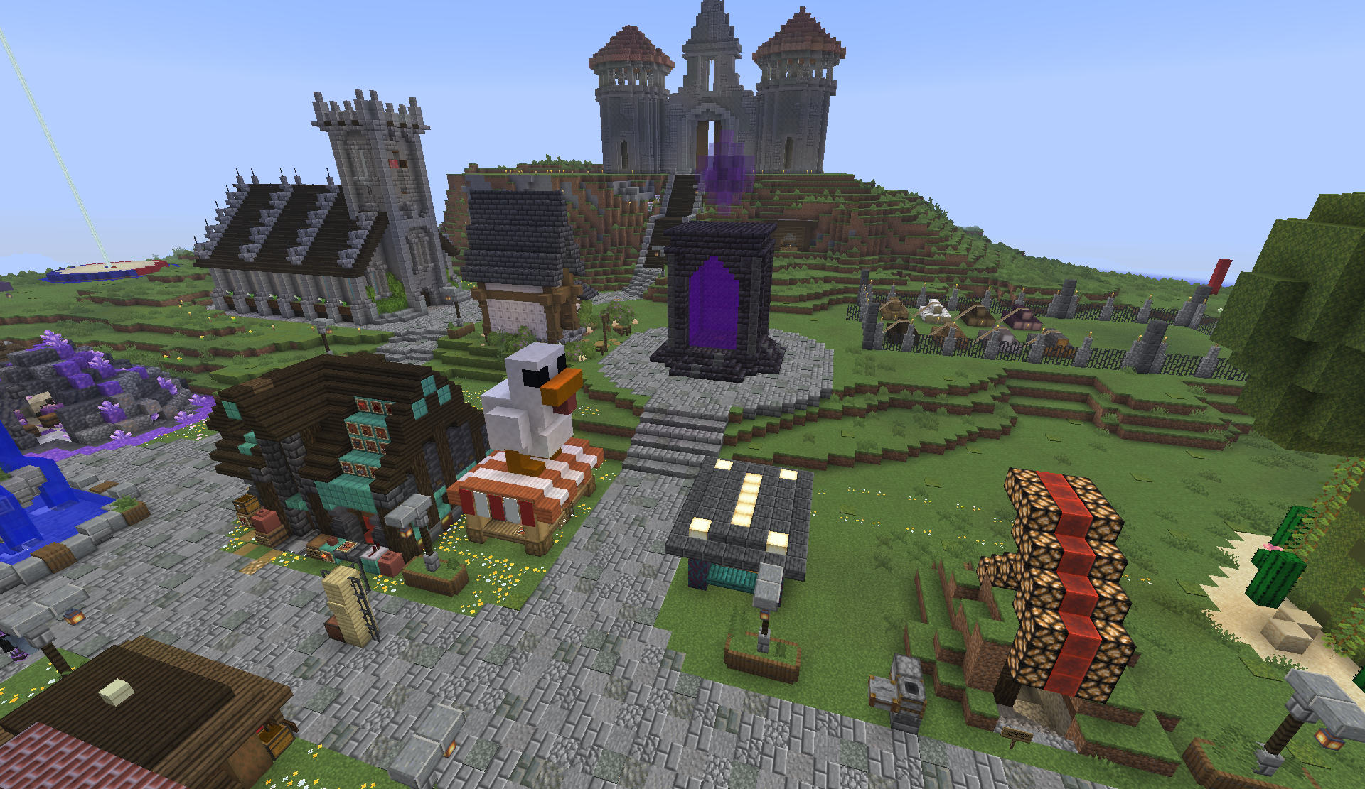 Daytime overview of the district with nether portal, church, and market stalls