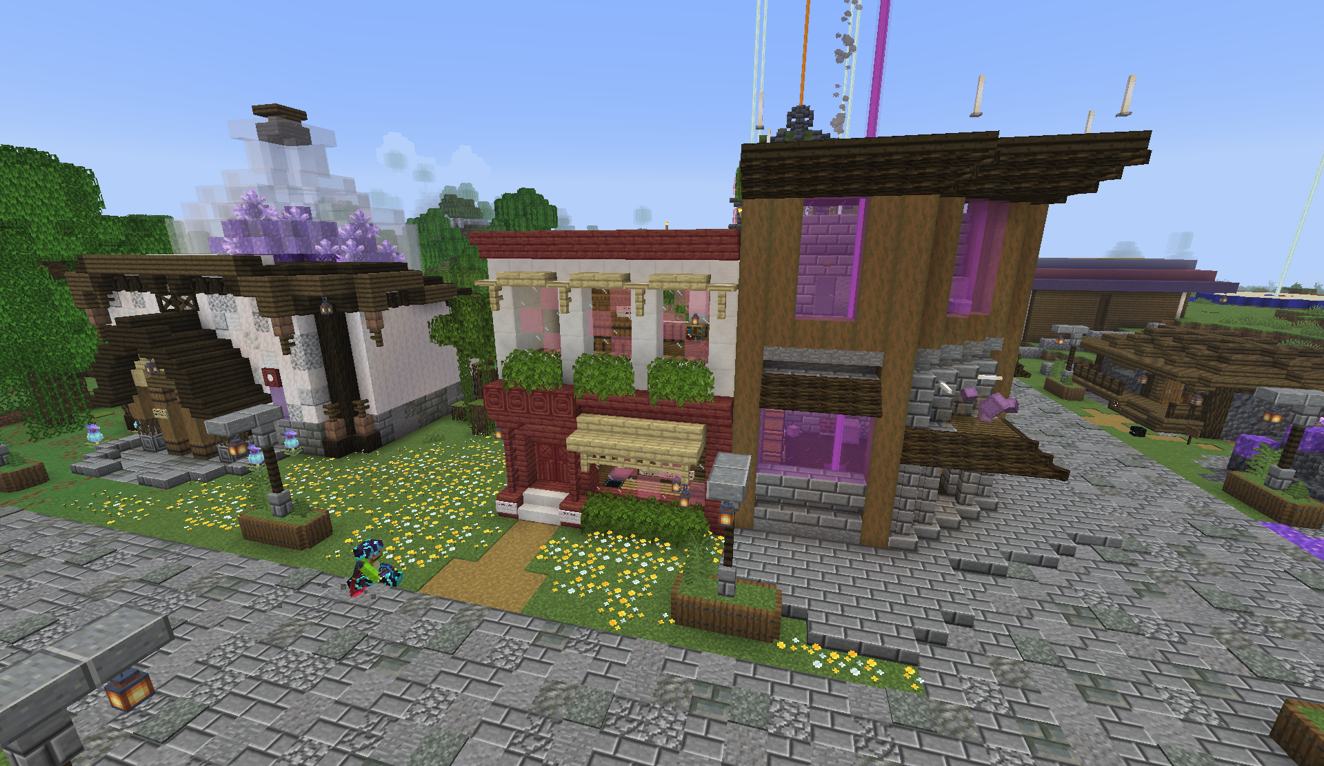 Row of player shops featuring amethyst, mangrove wood, and purple glass designs