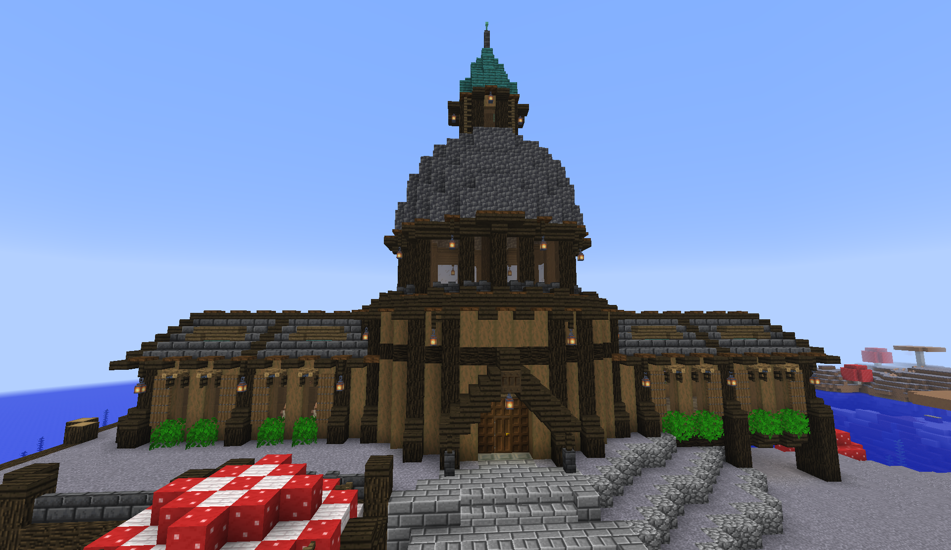 Grand manor with a domed central tower near the mushroom island