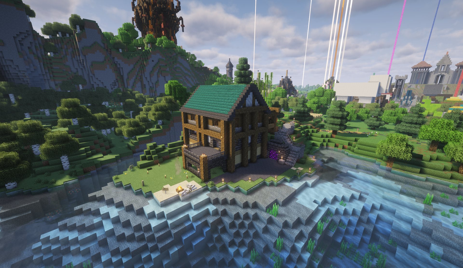 Two-story timber house with a green roof on a riverbank beside a nether portal