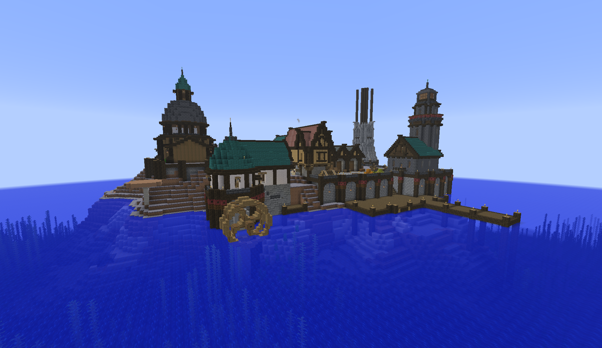 Harbor town on a small island with a water wheel and wooden pier