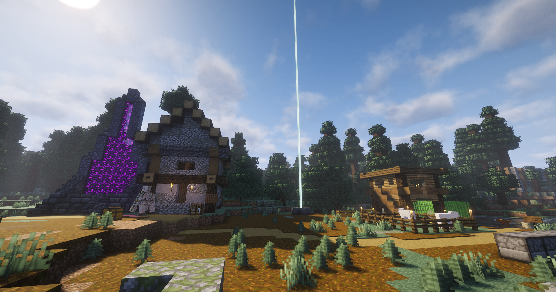 Taiga base with a custom nether portal, beacon, and animal pen