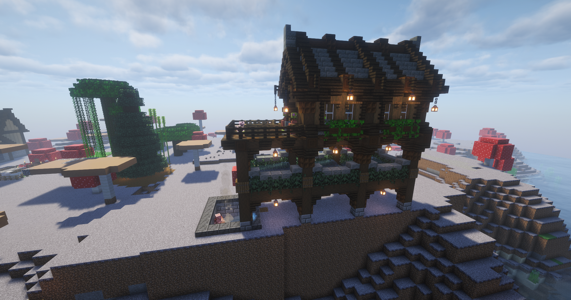 Player iron farm build with rustic cliffside structure