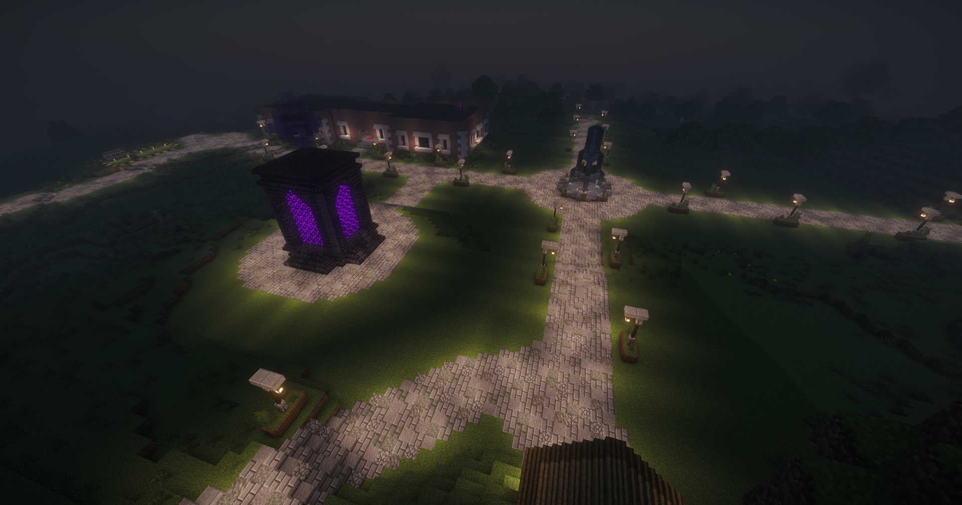 Shopping district plaza and paths at night