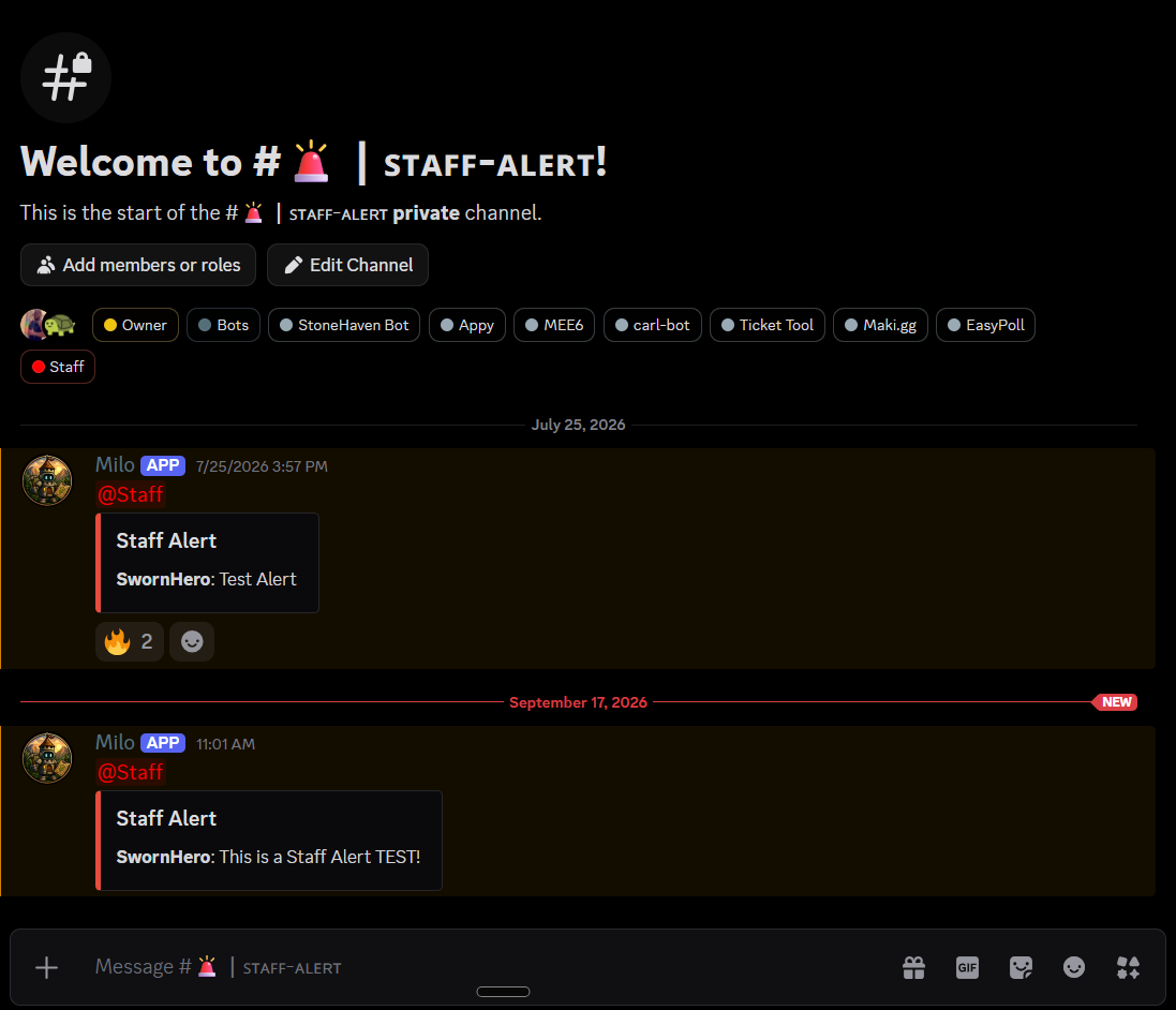 Discord STAFF-ALERT channel with Milo posting Staff Alert embeds that mention the Staff role