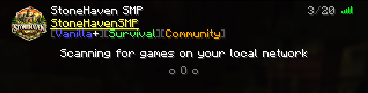 StoneHaven SMP in the Minecraft multiplayer server list, showing Vanilla+, Survival, and Community tags
