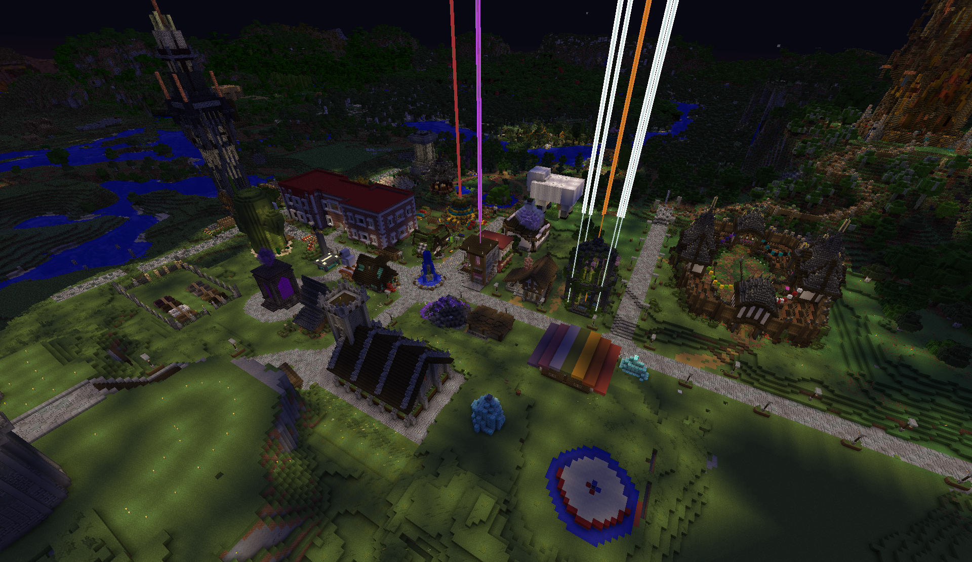 Aerial night view of the StoneHavenSMP Market District with shops, paths, beacons, and surrounding builds