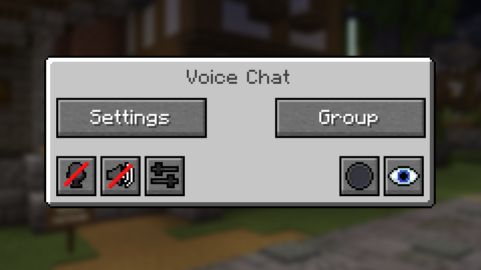 Simple Voice Chat main Voice Chat menu with Settings and Group buttons, plus mute, disable, volume, recording, and visibility icon controls