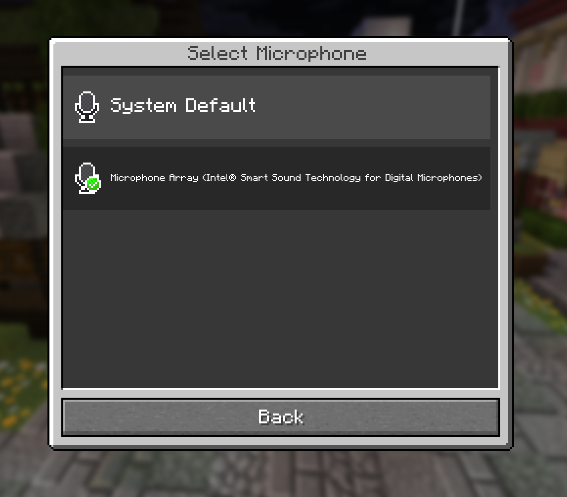Microphone selection screen in Simple Voice Chat for choosing an input device