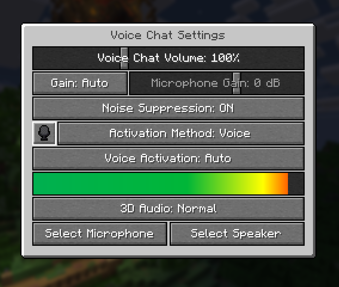 Microphone testing screen in Simple Voice Chat showing the input meter