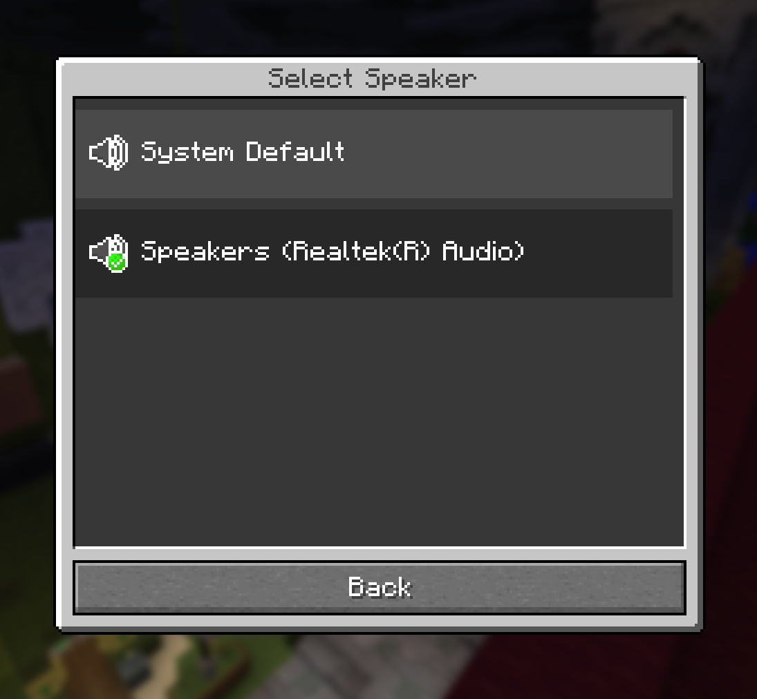 Speaker selection screen in Simple Voice Chat for choosing an output device or headset