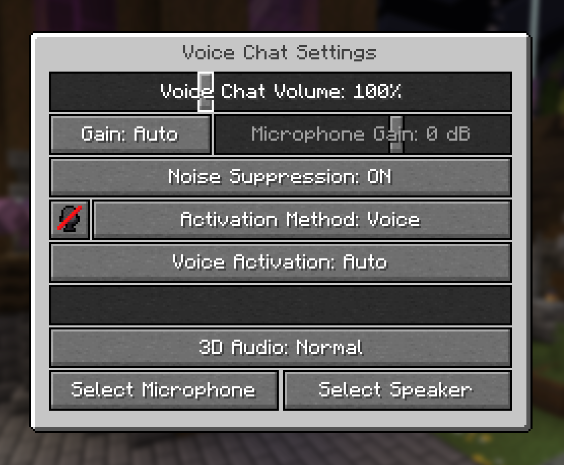 Voice Chat Settings screen showing volume, gain, noise suppression, activation method, 3D audio, and Select Microphone and Select Speaker buttons