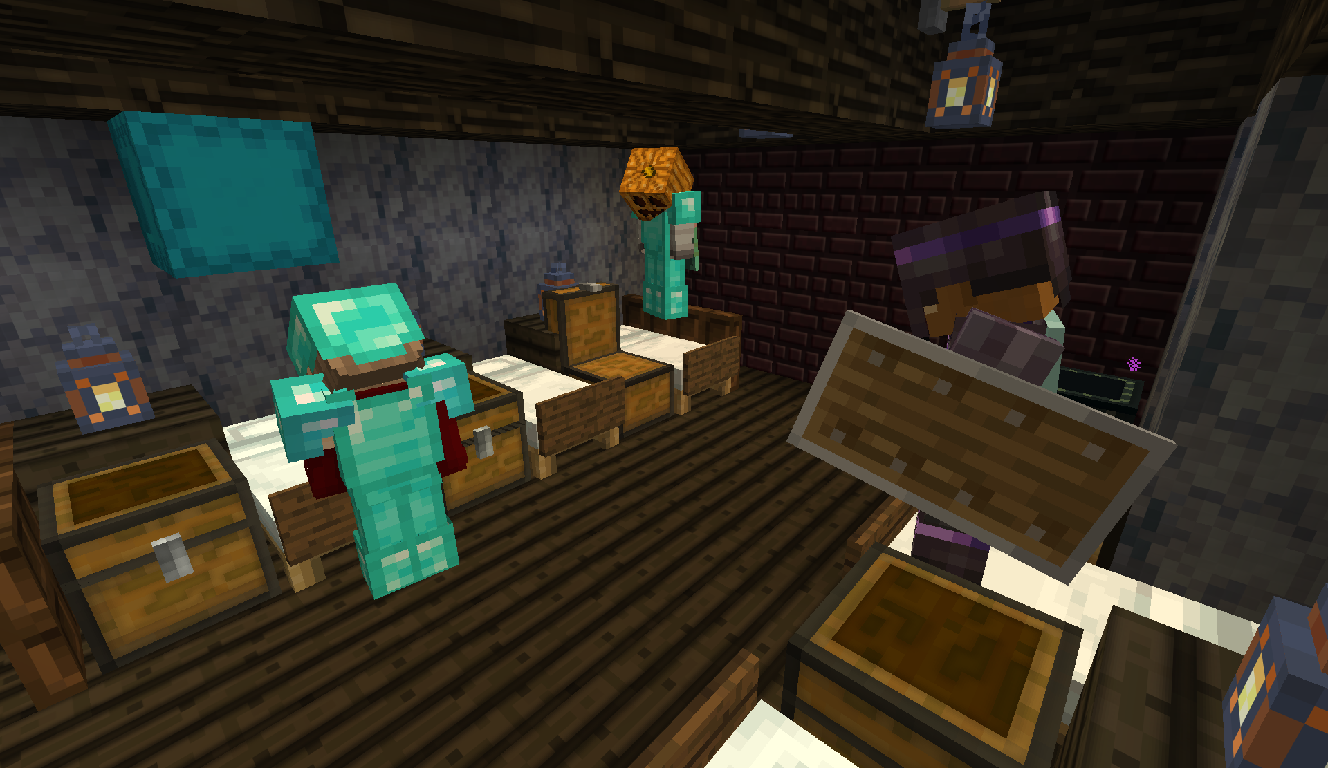 Players gathered in a wooden room, with diamond armor and a map in hand