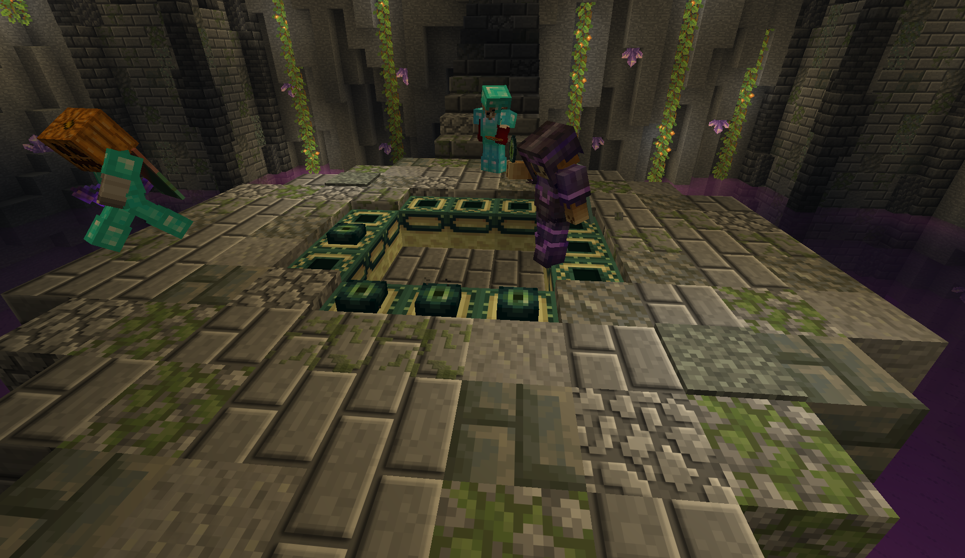 Players standing around an End portal frame in a mossy stone chamber