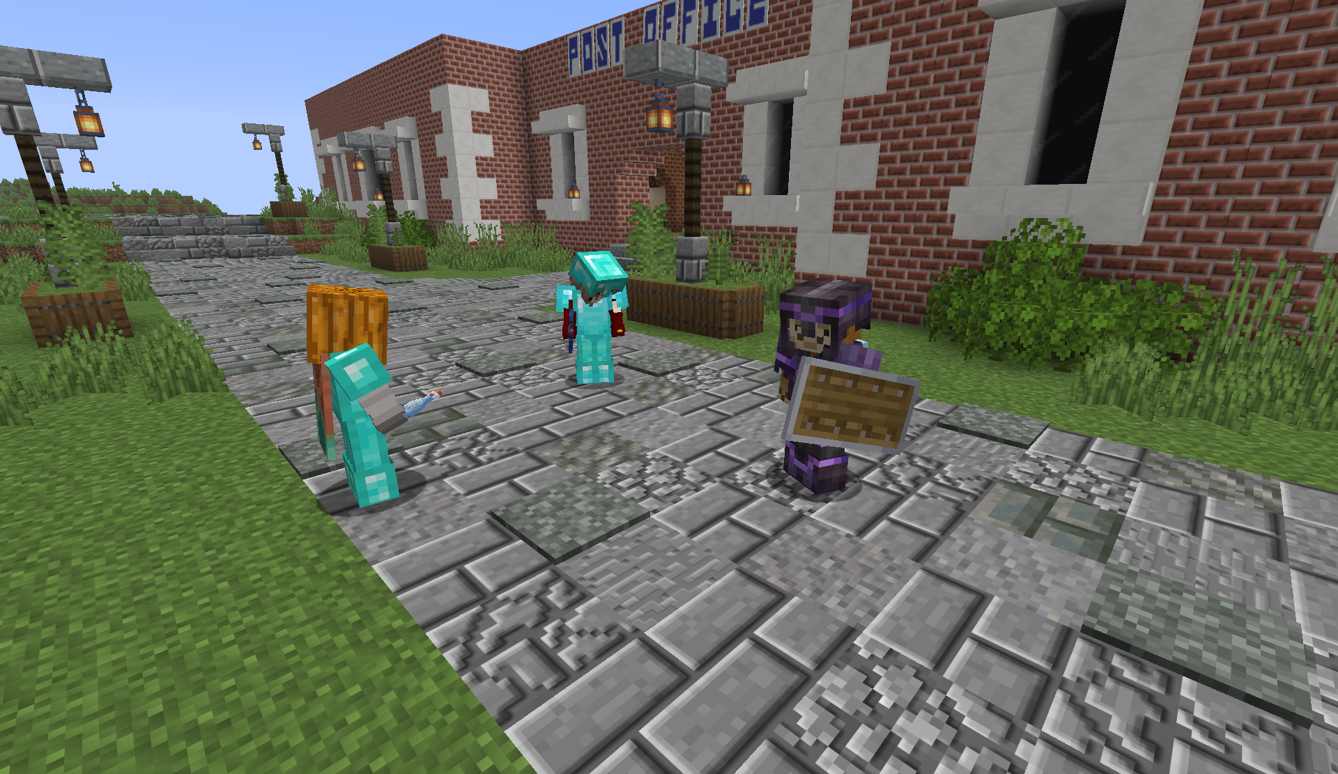 Three players outside the Post Office, one holding a map