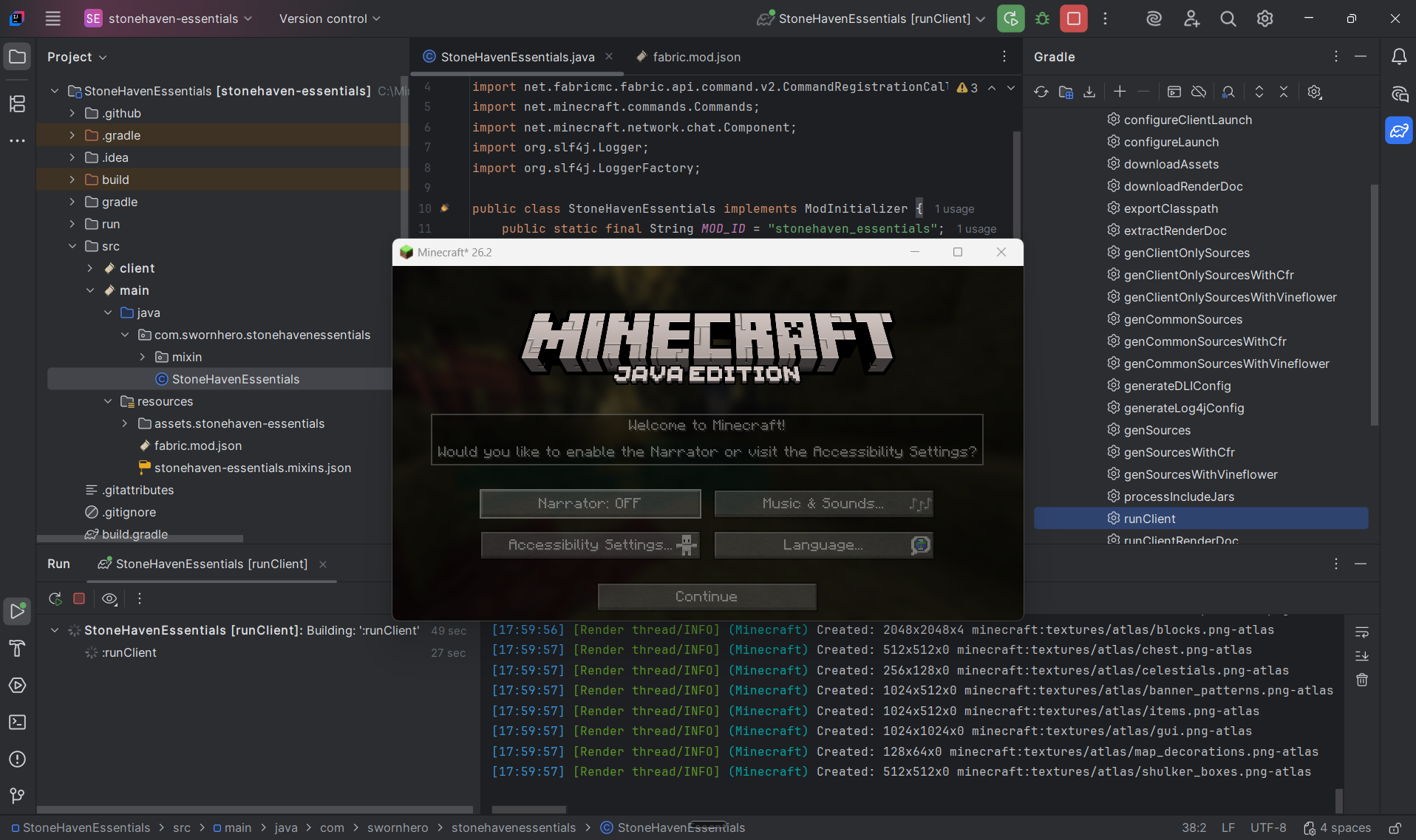 IntelliJ IDEA with StoneHaven Essentials open, launching a Minecraft Java Edition client