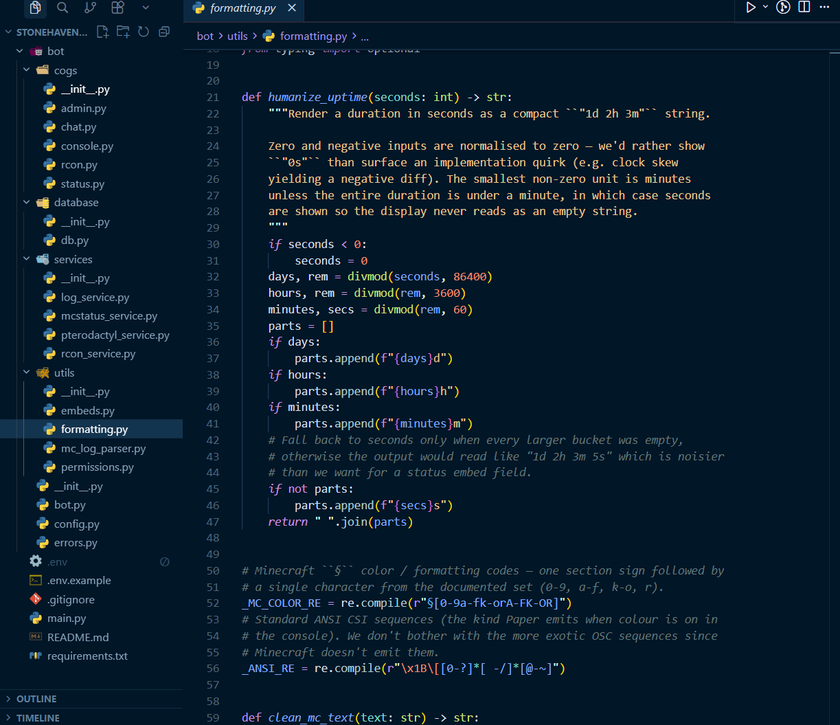 VS Code editing Milo Discord bot formatting utilities in Python
