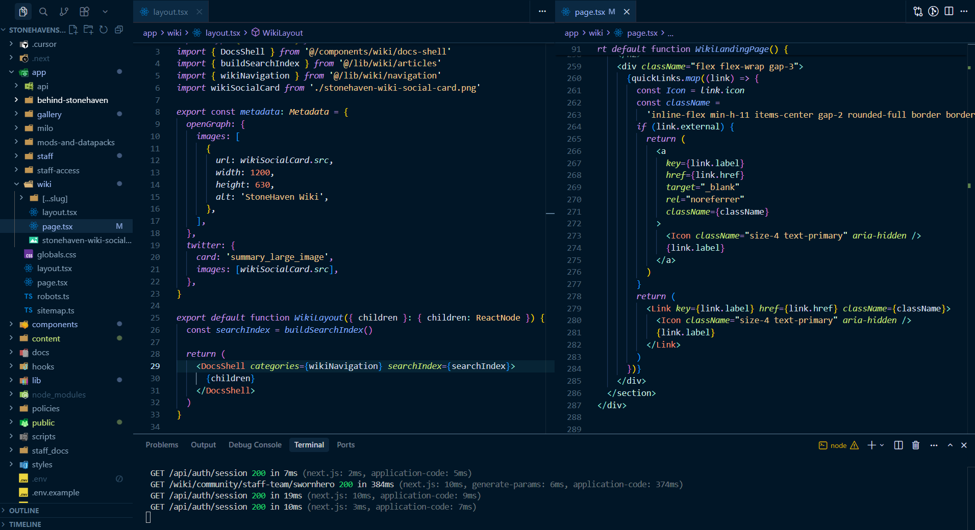Cursor editor with the StoneHaven wiki layout and landing page source