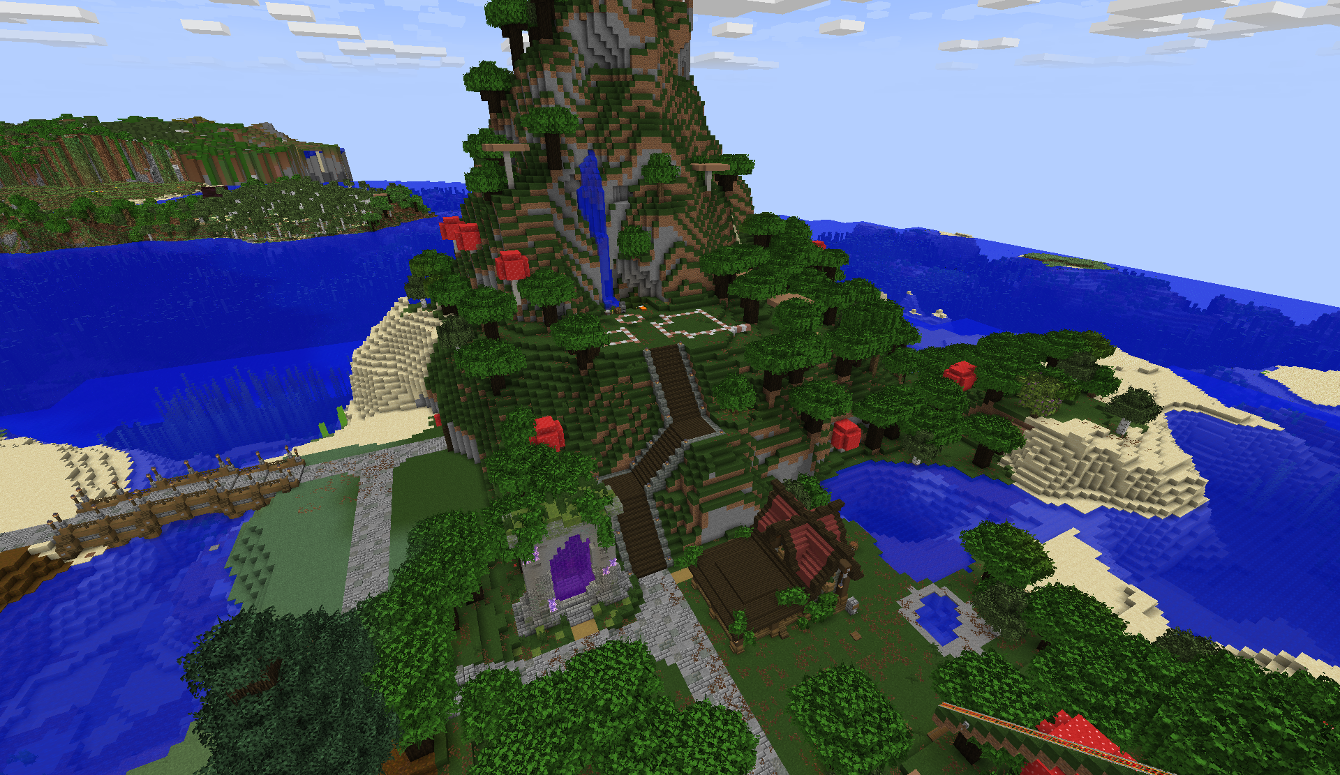 Aerial view of Hero’s Reach on a wooded peninsula, with a mountain waterfall, giant mushrooms, a nether portal, and shoreline builds