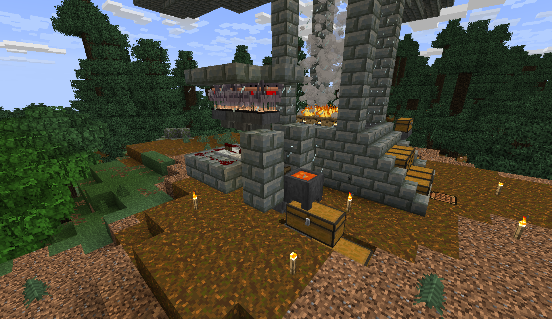 Stone brick iron farm and smelting setup with lava, fire, and smoke in a forest clearing