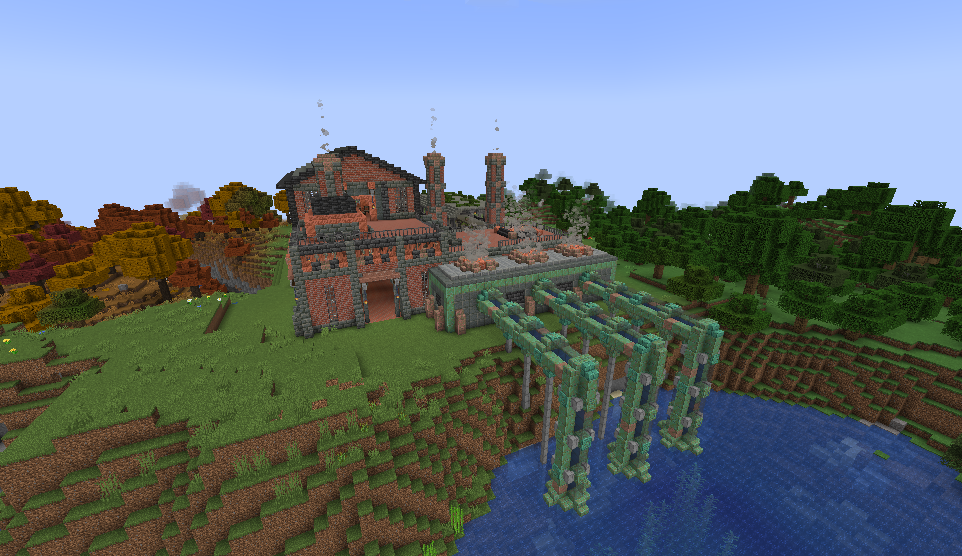 IndustryHaven factory on a hillside, with copper pipes descending toward the water