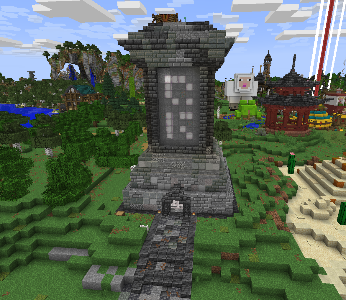 Stone tower landmark for the Waystone Permit system, with a glass-fronted facade along a path through the community builds